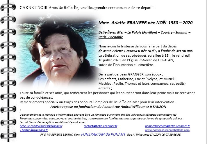 GRANGER Arlette née NOEL 1930 - 2020