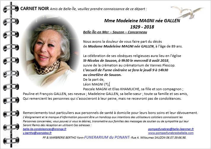 MAGNI Madeleine née GALLEN  1929 - 2018