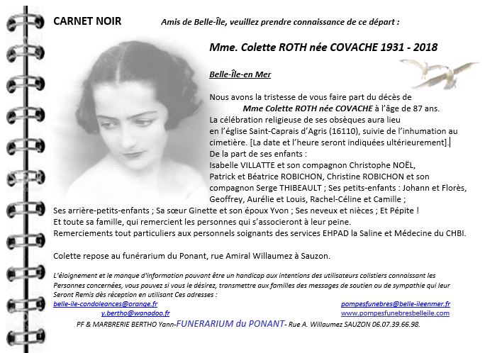 ROTH Colette née COVACHE 1931 - 2018