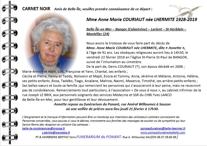 Annette COURIAUT née LHERMITE 1928 - 2019 