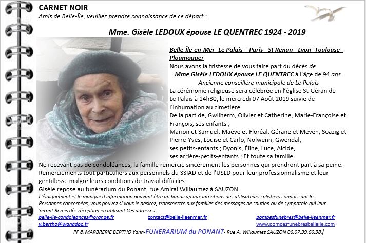 Gisèle LE QUENTREC née LE DOUX 1924 - 2019
