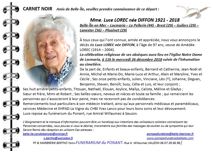 Luce LOREC née DIFFON 1921 - 2018