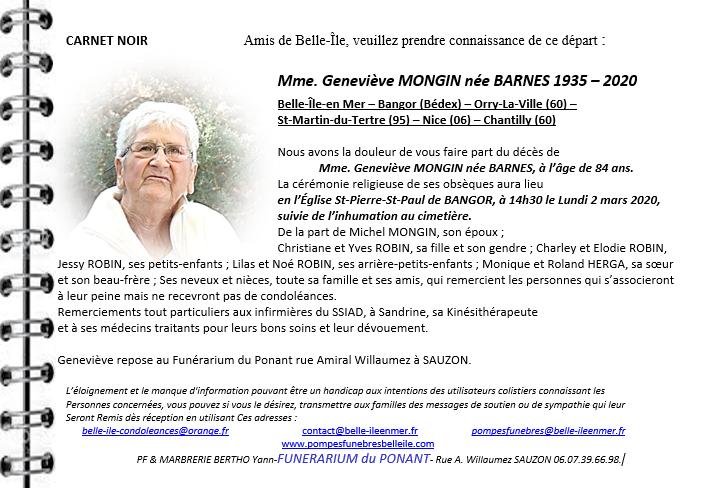 Geneviève MONGIN née BARNES 1935 - 2020