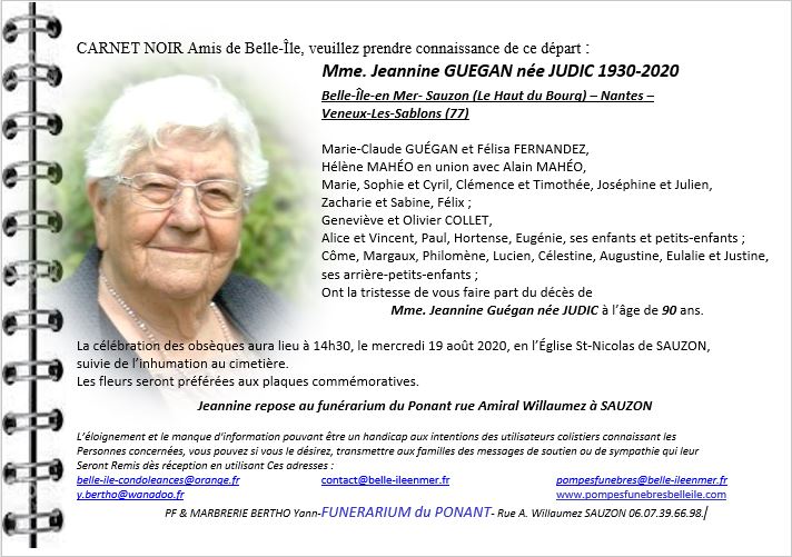 Jeannine GUÉGAN née JUDIC 1930 - 2020