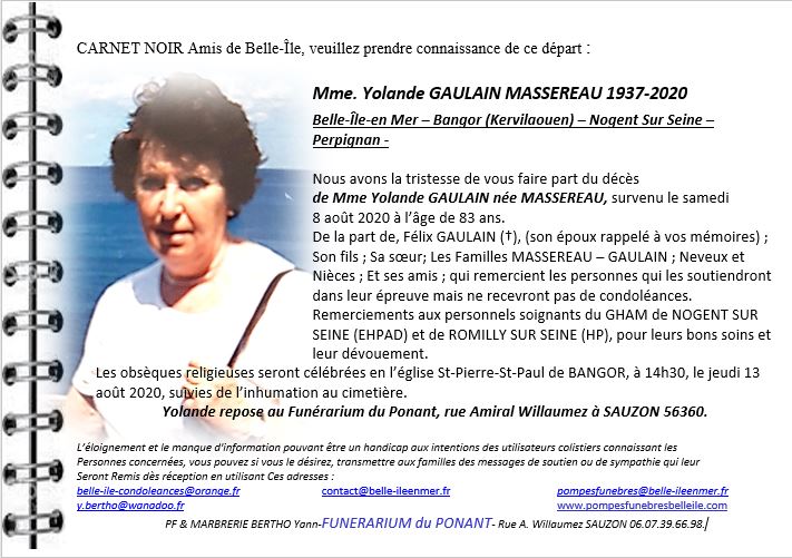 Yolande GAULAIN née MASSEREAU 1937 - 2020